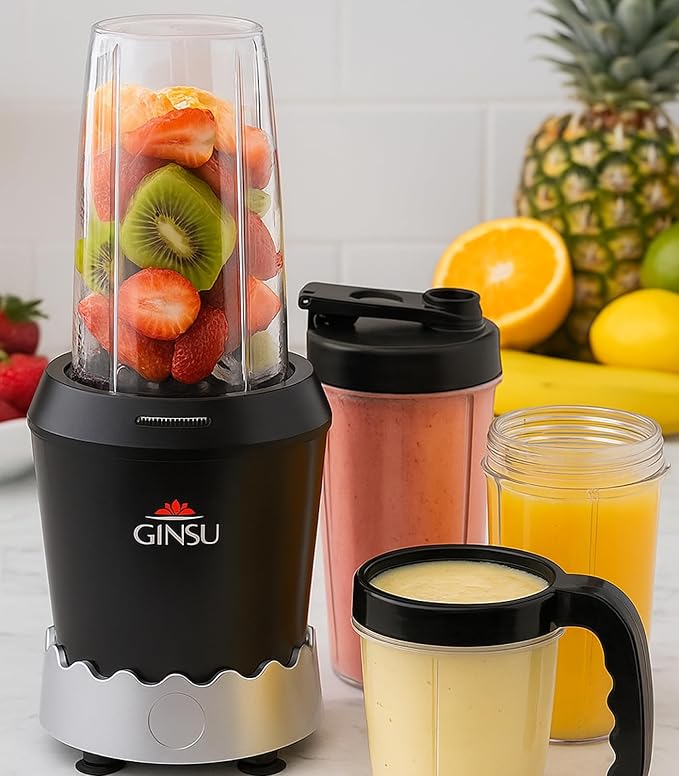 GINSU 7 pcs Personal Blender 1000W with Stainless Steel Blades 10 18 &amp 24oz BPA Free Travel Cups Black