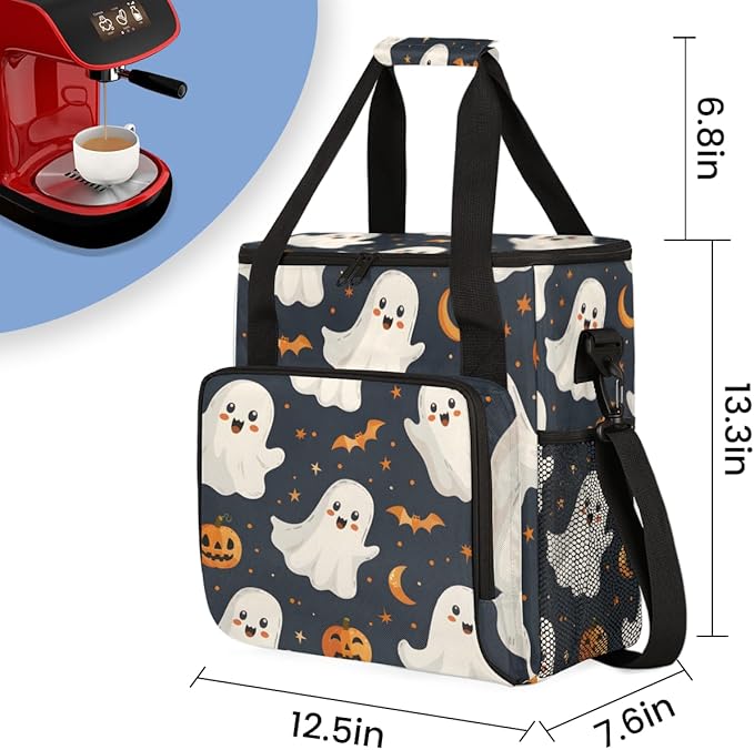 Modern Spooky Ghosts Coffee Maker Carrying Bag Portable Travel Storage Tote Bag Compatible with K-Mini or K-Mini Plus Single Serve Coffee Brewer Carrying Case with Multiple Pockets &amp Shoulder St