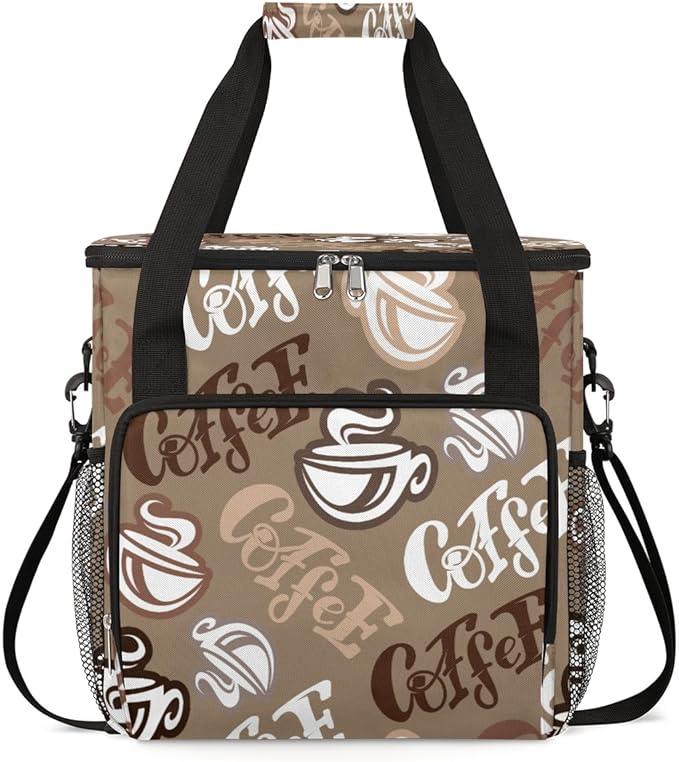 Coffee Time Coffee Maker Carring Bag Hand Drawn Coffee Travel Carrying Storage Tote Bag Compatible with Keurig K-Mini or K-Mini Plus Portable Single Serve Coffee Brewer Case with Pockets for K-cup Pod
