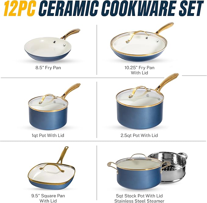 Gotham Steel 12 Pc Ceramic Cookware Set Nonstick Ceramic Pots and Pans Set Non Stick with Steamer for Cooking Non Toxic PFOA PFOS Free Premium Stay Cool Handles Oven &amp Dishwasher Safe