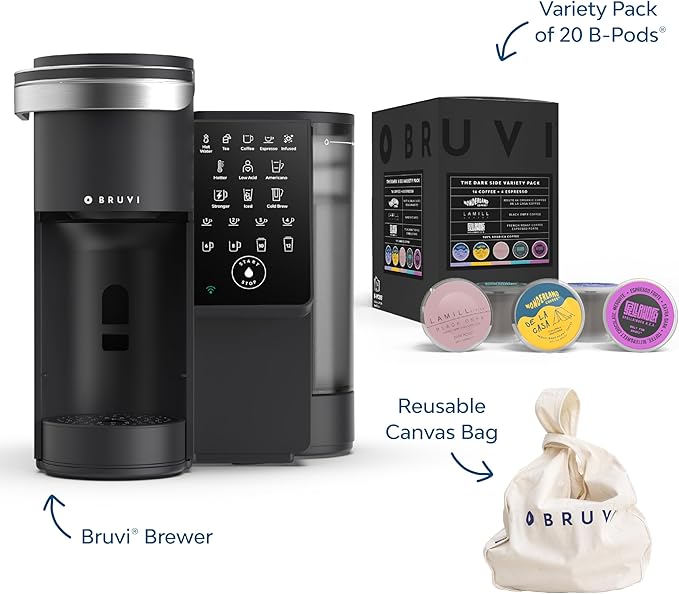 BRUVI The Dark Roast Bundle | Gen 3 Single-Serve Coffee System | Black Color | Includes 20 Dark Roast Coffee and Espresso B-Pods