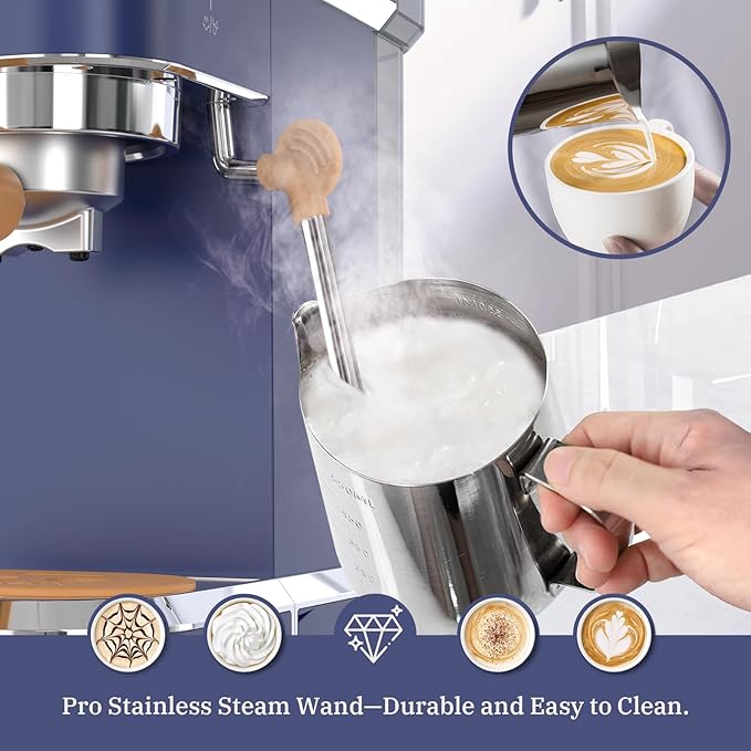Laekerrt 20 Bar Espresso Maker CMEP01 with Milk Frother Steamer Home Expresso Coffee Machine for Cappuccino and Latte (Navy Blue Stainless Steel) Gift for Coffee Lovers Father