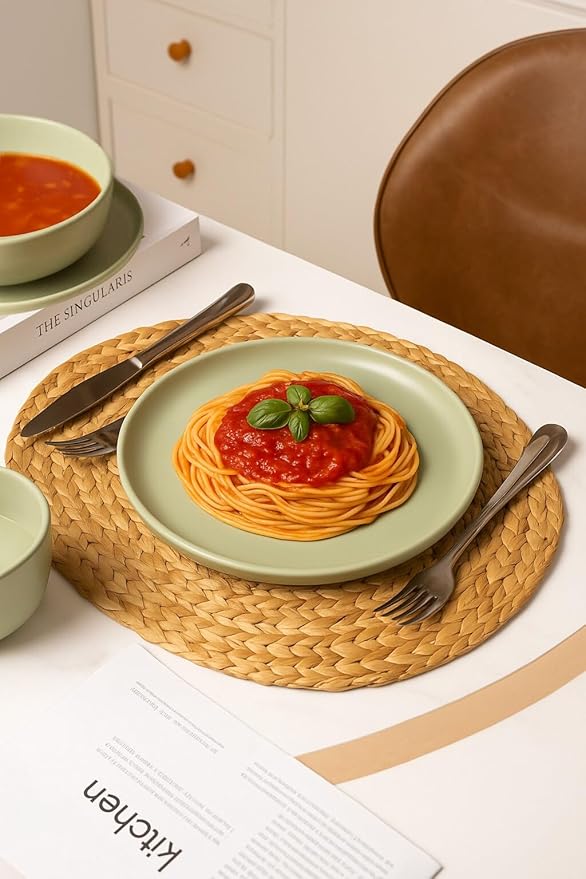 12-Piece Stoneware Dinnerware Set with Mugs | Microwave and Dishwasher Friendly | Stackable Matte Glaze Plates &amp Bowls | Service for 4