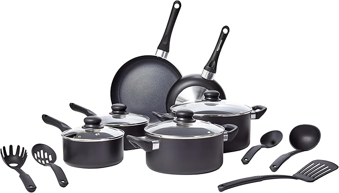 Amazon Basics Ceramic Non-Stick Cookware 15-Piece Set Pots Pans and Utensils Black