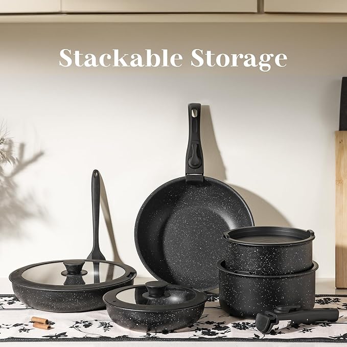 edx 12-Piece Nonstick Cookware Set with Detachable Handle Induction Compatible Dishwasher and Oven Safe Pots and Pans (Black)