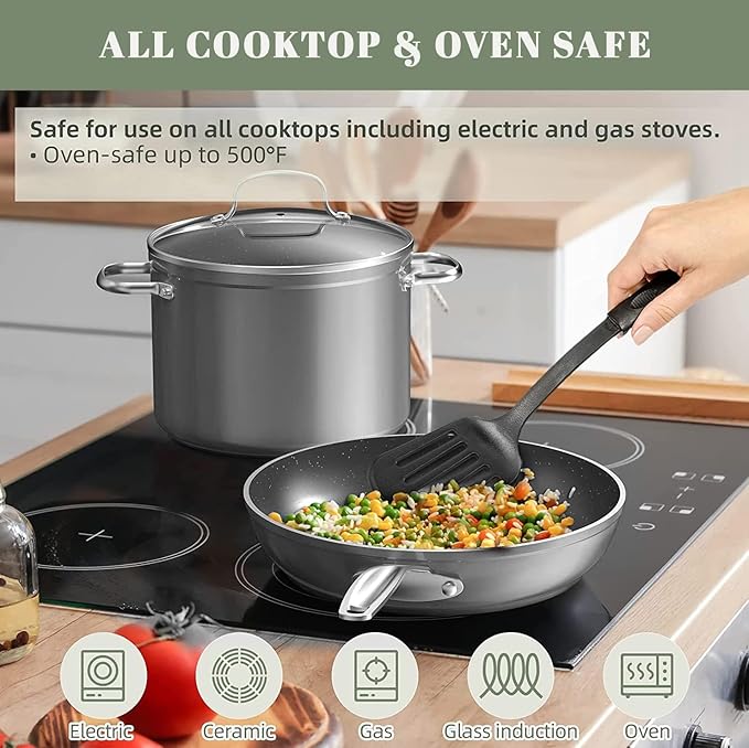 Nuwave 9pc Cookware Set Healthy Duralon Blue Ceramic Nonstick Coated Diamond Infused Scratch-Resistant PFAS Free Oven Safe Induction Ready &amp Evenly Heats Tempered Glass Lids &amp Stay-Cool H