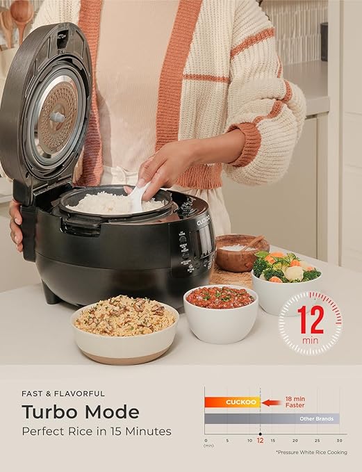 CUCKOO Twin Pressure Rice Cooker 6-Cup Uncooked / 12-Cup Cooked with Nonstick Inner Pot Versatile Rice Maker &amp Warmer with 14 Menu Options Voice Guide Auto Clean Black (CRP-RT0609FB)