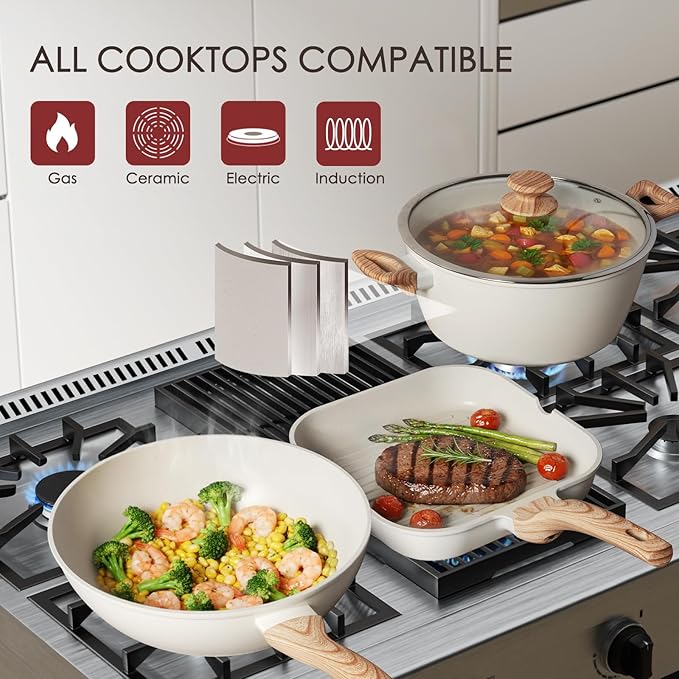 Kikcoin Pots and Pans Set Non Stick 31 Piece Kitchen Nonstick Cooking Cookware Sets with Grill Pan Saucepan Baking Sheet Utensil Cream White