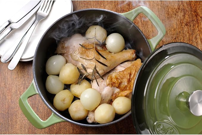 La Cuisine Piece Enameled Cast Iron 5 pc Set Pro Range 3.75QT Saute 6.5QT Round w/lid 10 Fry Pan-Green Olive (LC2650MB)