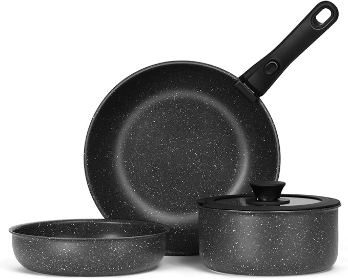 Walchoice 5Pcs Pots and Pans Set Granite Nonstick Cookware Set with Detachable Handle Stackable Kitchen Cooking Set with Saucepan Frying Pans Induction Compatible &amp Oven Safe - Black