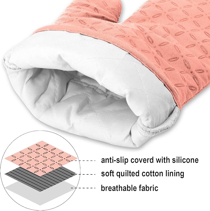 KEGOUU Oven Mitts and Pot Holders 6pcs Set Kitchen Oven Glove High Heat Resistant 500 Degree Extra Long Oven Mitts and Potholder with Non-Slip Silicone Surface for Cooking (Pink)