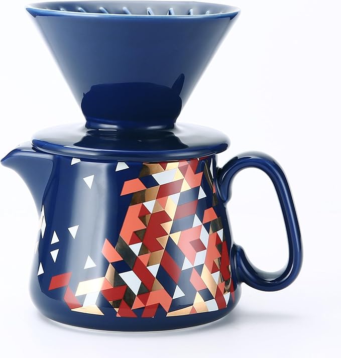 Pour Over Coffee Maker Ceramic Coffee dripper with 100 pcs Paper Filter Ceramic coffee Server with Lid 15.5oz/450 ml Suitable for 1-2 people (Blue)