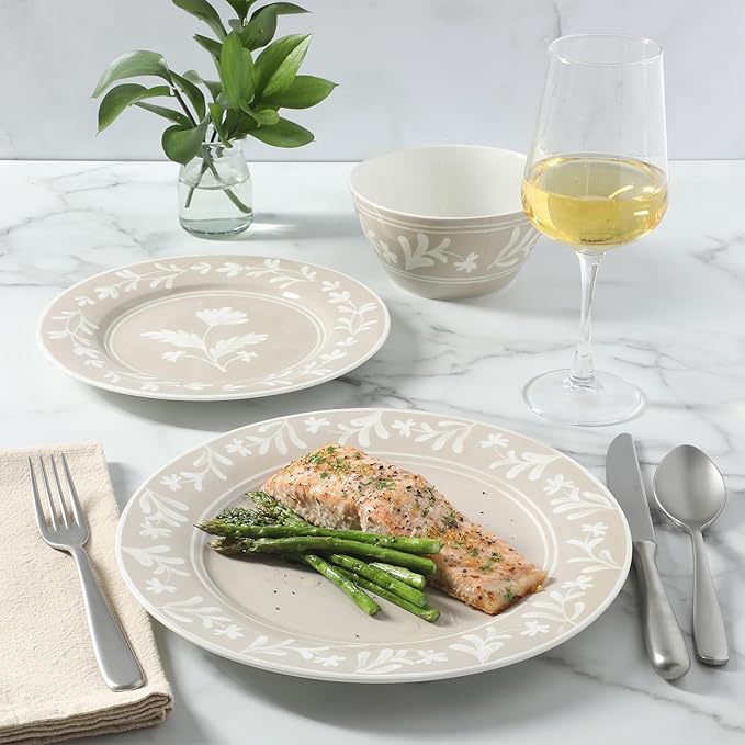 Martha Stewart Maiden Crown 12-Piece Taupe Dinnerware Set – New Bone China Ceramic Plates &amp Bowls – Floral Design – Service for 4 – Dishwasher &amp Microwave Safe