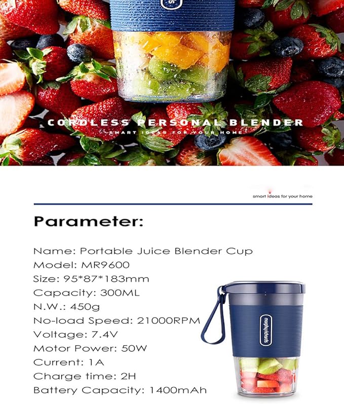 Portable Blender Mini Blender Smoothie Maker with USB Rechargeable Electric Blender Professional Commercial for Vegetables and Fruit Smoothie Maker Blender Food Processor 1400Mah 300MlBlue
