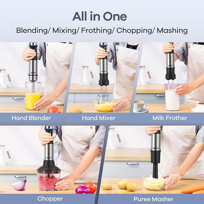 Ganiza Immersion Blender Handheld 6 in 1 Hand Blender Stainless Steel Blade 15 Speed Stick Blenders Electric 800ml Mixing Beaker 600ml Chopper Whisk Frother Potato Masher