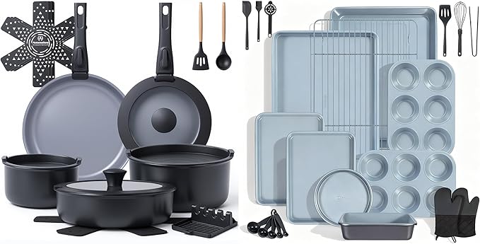 Ammeloo 18-Piece Ceramic Pots and Pans Set &amp 22-Piece Baking Pans Set Stackable Bakeware Black