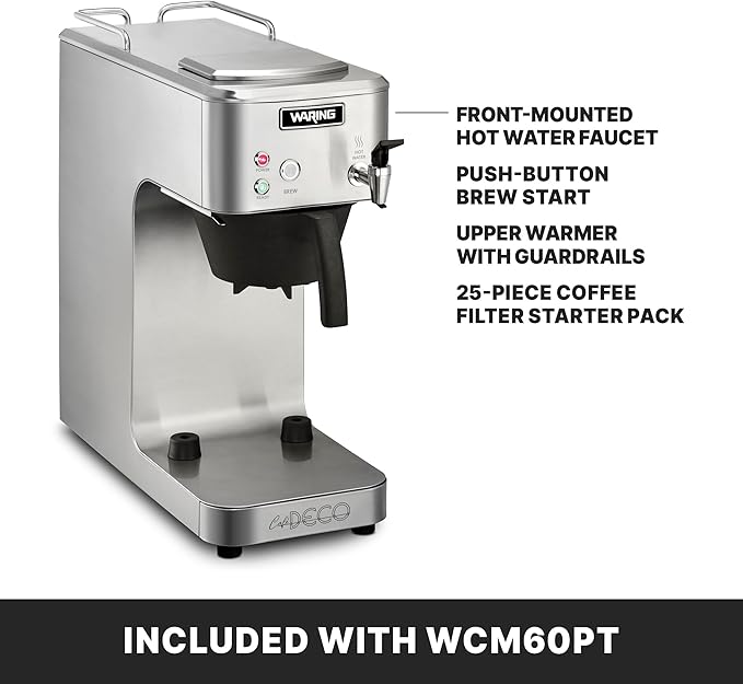 Waring WCM60PT Café Deco Automatic or Pour Over Thermal Carafe Coffee Brewer Stainless Steel Construction Hot water faucet Can be Plumbed or Used as a Pour Over No Warmers 120V 5-15 Phase Plug