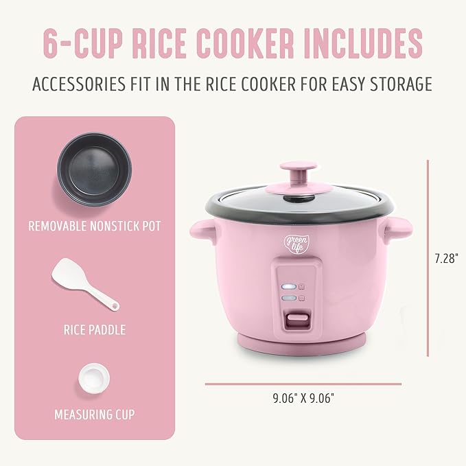 GreenLife Rice Cooker with Removable PFAS-Free Ceramic Nonstick Pot 3-Cups Uncooked/6-Cups Cooked Grains &amp Oatmeal Multicooker Compact One-Switch Design Auto Keep Warm Easy Clean Pink