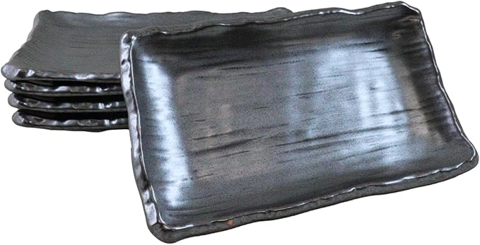 Ebros Gift Iron Black Clay Underglaze Technique Tetsu Kesho Porcelain Dinnerware Kitchen Set Asian Japanese Restaurant Supply (Pack Of 5 Rectangular Wavy Sushi Plates)
