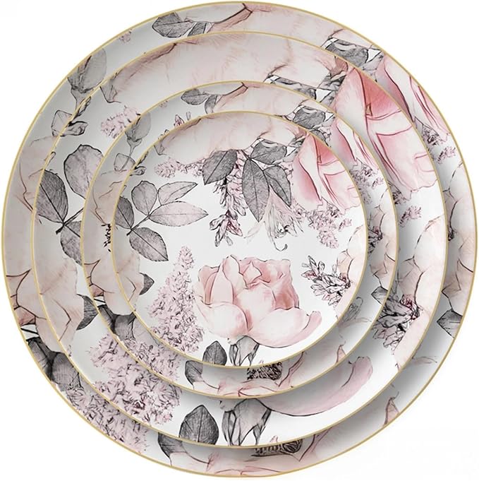 bone china dinnerware sets for 4 kitchen dishes set tableware set for dining include 6.5&amp8&amp10.5&amp12 inch plate Camellia gold border