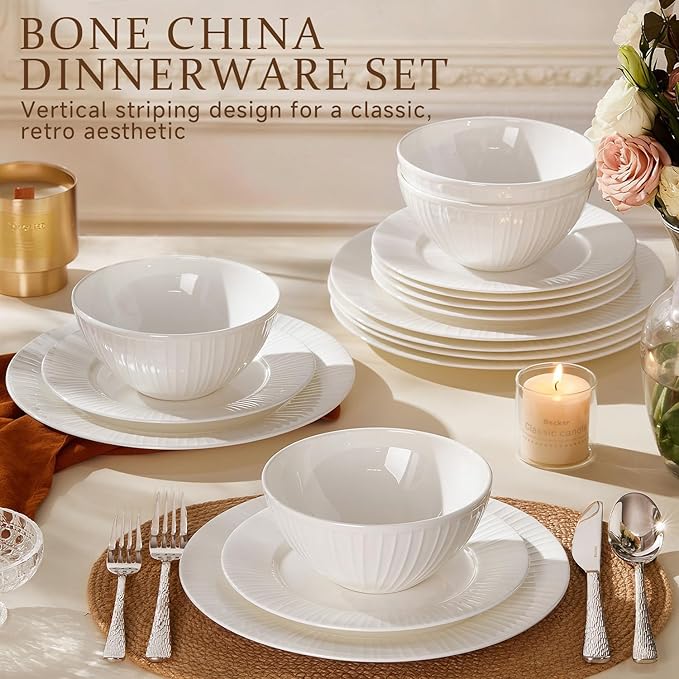 KINGSTONE Bone China Dinnerware Set 12-Piece White Lightweight Porcelain with Textured Design Service for 4 Plates Bowls for Family Dining Restaurants Gifting Microwave and Dishwasher Safe