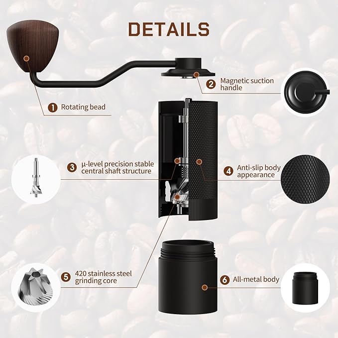 MAVO Manual Coffee Grinder Wizard Hand Coffee Grinder Capacity 25g with CNC Stainless Steel Hexagonal Conical Burr Adjustable Setting Burr Coffee Bean Grinder for French Press Pour Over Black