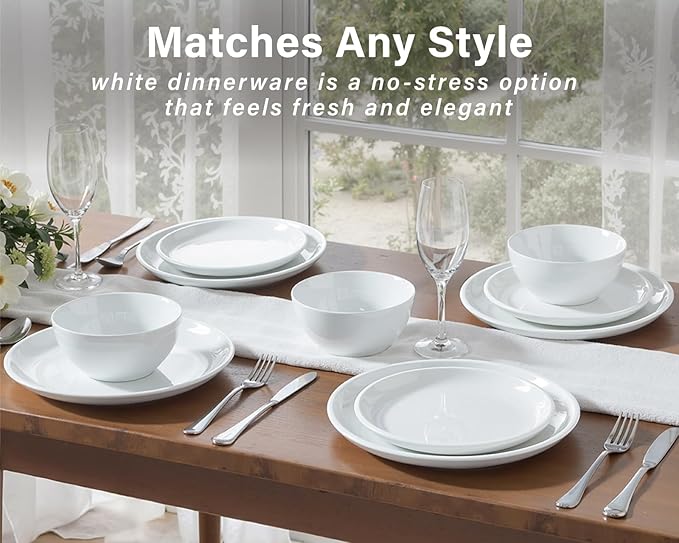 ONEMORE Plates and Bowls Set for 4 - Microwave &amp Dishwasher Safe Porcelain Dinnerware Set Service for 4 - Ceramic Dishes Set(12 Pcs) - White