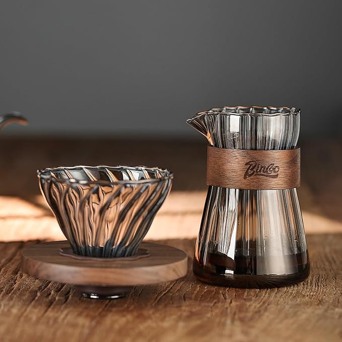 Bincoo Pour Over Coffee Maker Set - 500ML Glass Coffee Server Coffee Carafe with Walnut Dripper and 50PCS Paper Filter Drip Coffee Maker Set for Home Café Restaurant