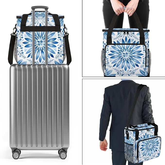 Blue White Floral Coffee Maker Travel Bag for Keurig K-Mini/K-Mini Plus Insulated Waterproof Tote with Pockets for Portable Single-Serve Brewer Case