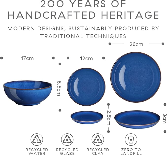 Denby 12-Piece Stoneware Imperial Breakfast Plate &amp Bowl Set Blue