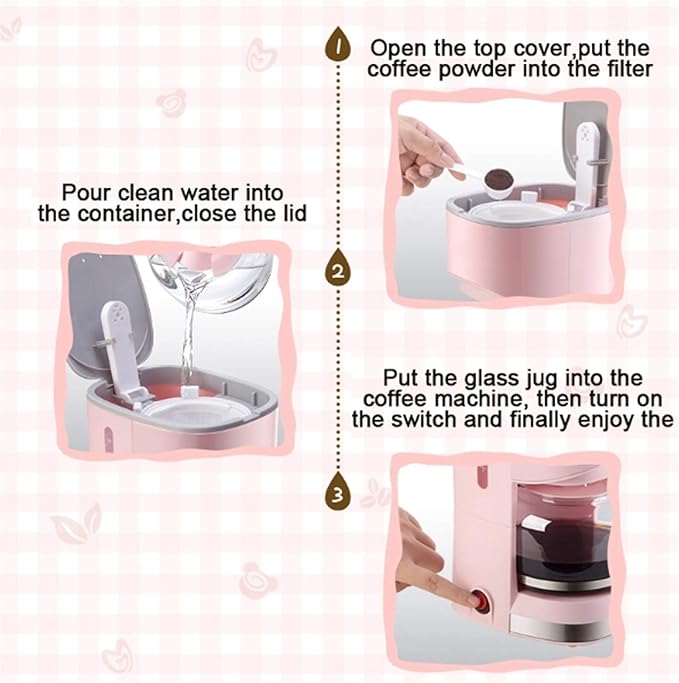 Electric Drip Coffee Maker - 550W Latte and Cappuccino Machine with Removable Filter and Hot Plate Black(Pink)