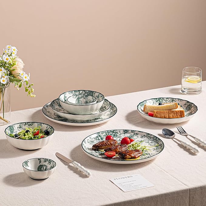 56 Piece Ceramic Dinnerware Set Microwave &amp Dishwasher Safe Plates and plates and bowls setss Sets with Green Rose Pattern Porcelain Dishware Sets for Kitchen &amp Dining