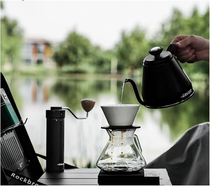 Pour Over Coffee Maker Ceramic Filter Dripper With Walnut Collar Reusable Cone Drip Holder For Travel(White)