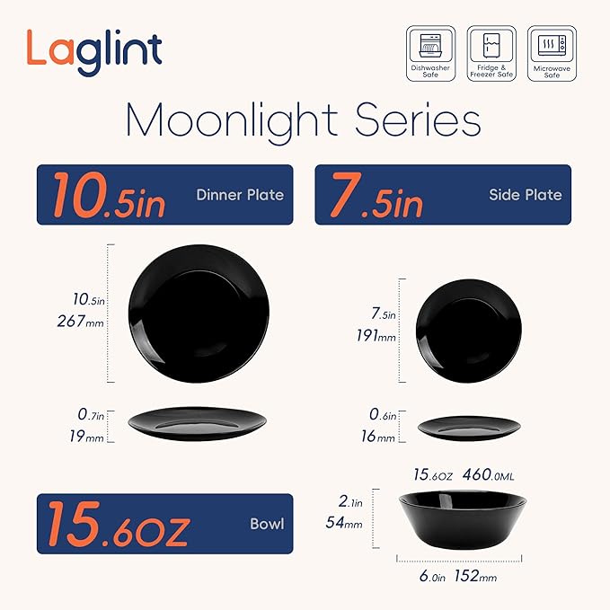 Dinnerware Sets for 4 LaGlint 12 Pieces Opal Glass Plates and Bowls Set Dishwasher and Microwave Safe Dish Dinning Ware Chip and Scratch Resistant Dishware Black