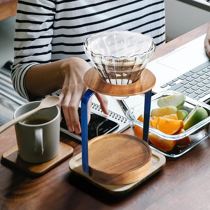 SOTECH Pour Over Coffee Maker Set with Black Gooseneck Kettle Wooden Filter Holder Coffee Dripper Glass Server with Paper Coffee FiltersDIY Manual Coffee Maker Set (Maker Stand Blue)