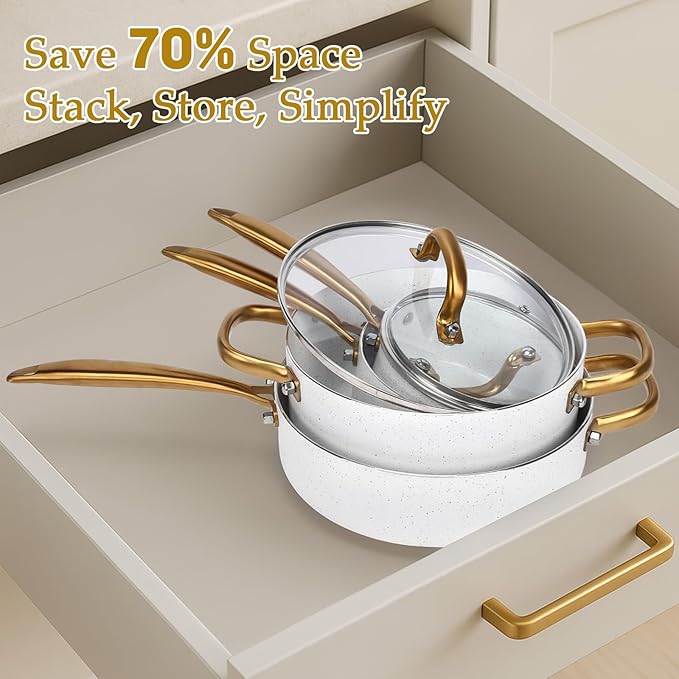 18PCS Nonstick Pots and Pans Set Ceramic Cookware Set Kitchen Cooking Sets Oven/Dishwasher Safe Space-Saving DesignCompatible with All Stovetops White