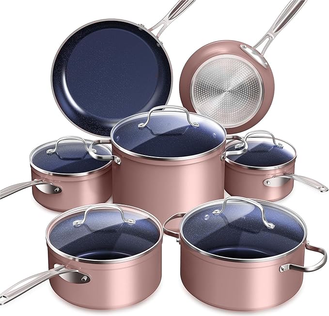 Nuwave Healthy Duralon Blue Ceramic Nonstick Cookware Set Diamond Infused Scratch-Resistant PFAS Free Dishwasher &amp Oven Safe Induction Ready &amp Evenly Heats Tempered Glass Lids &amp Stay-