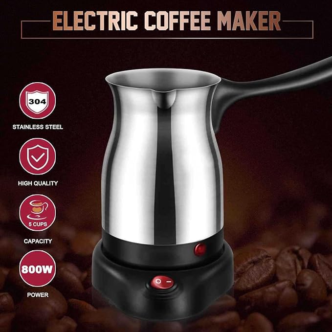 Yunir Turkish Coffee Maker 600ml 110V Stainless Steel Turkish Coffee Pot with Dual System Ergonomic Anti Scald Handle 5 to 6 Cup for Tea Milk