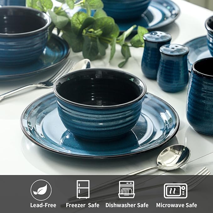Hasense 14-Piece Dinnerware Set Chip and Scratch Resistant Plates and Bowls Stoneware Round Kitchen Dishes Set Service for 4 Dishwasher Oven Microwave Safe Blue