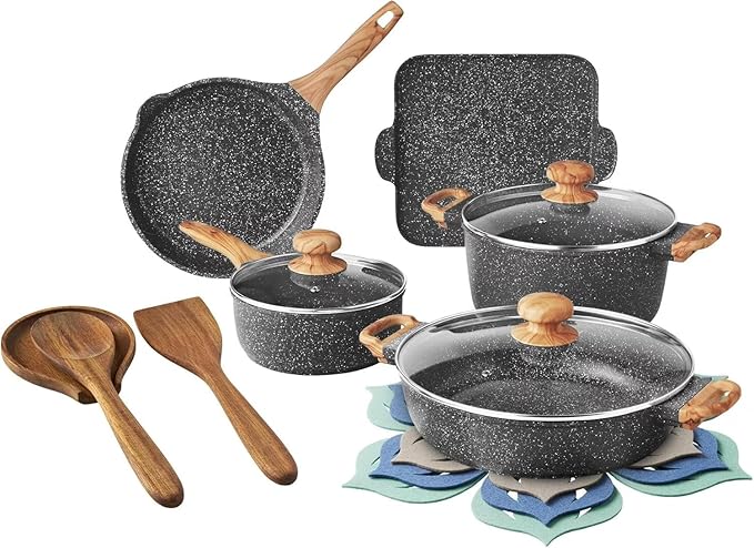 14-Piece Cast Aluminum Cookware Set Nonstick Prairie Signature Brown Speckle Kitchen Cooking Set Frypan Saucepan Dutch Pan Griddle 3 Felt Kitchen Cooking Set (Charcoal Speckle)