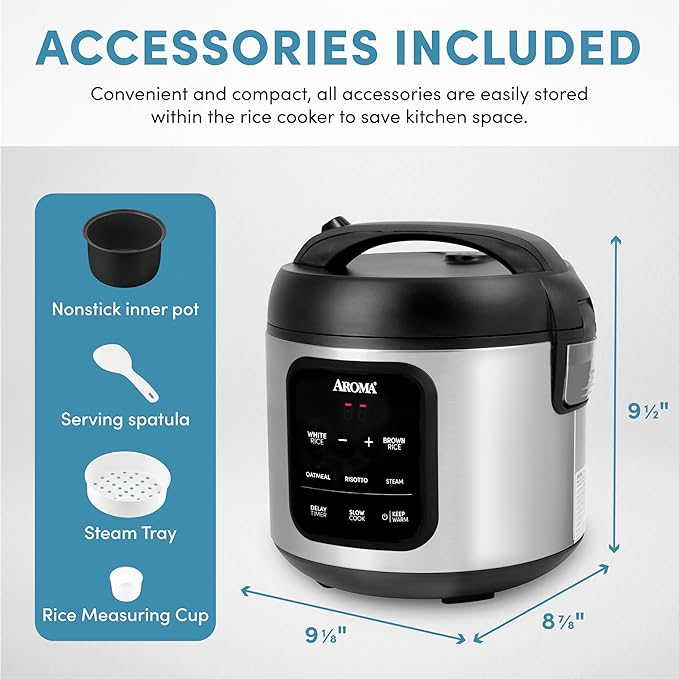 AROMA Digital Rice Cooker 4-Cup (Uncooked) / 8-Cup (Cooked) Steamer Multicooker Slow Cooker Oatmeal Cooker Auto Keep Warm 2 Qt Stainless Steel Exterior