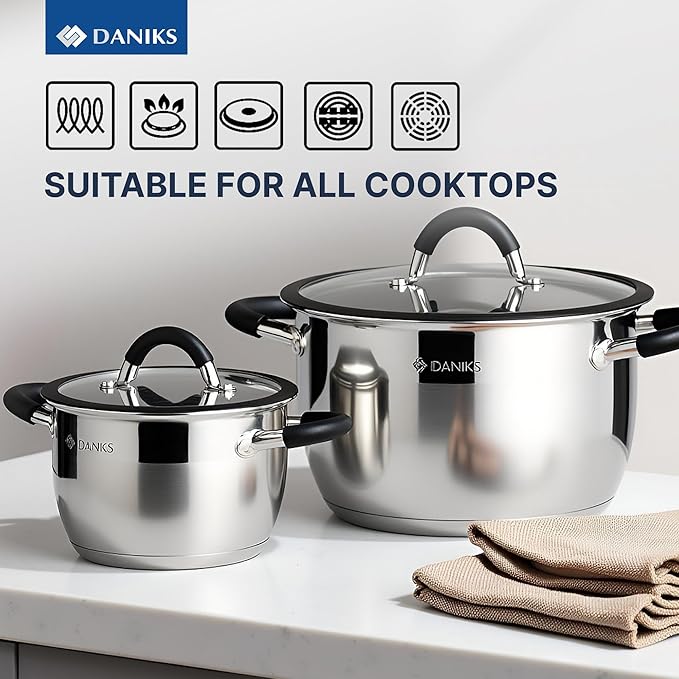 Daniks Orlando 10-Piece Stainless Steel Cookware Set with Glass Lids Includes Saucepan Tri-Ply Bases for Even Heating Induction Compatible Dishwasher Safe Heatproof Handles