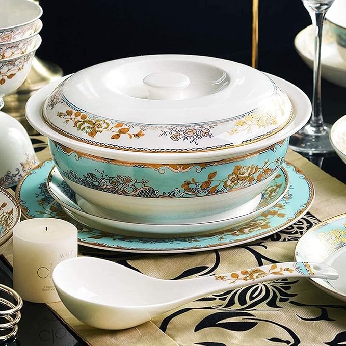 56-Piece Bone China Dinnerware Set Nordic Ceramic Dinner Plates Set Porcelain Tableware Set Bowls/Plates/Dishes/Pot Dish Set Service for 10 Health Kitchen Dining Su