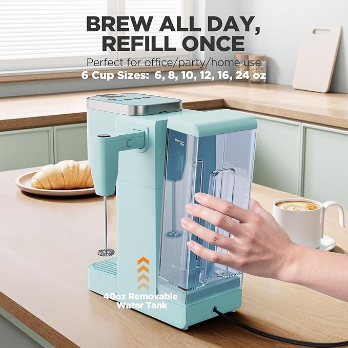 Single Serve Coffee Maker with Built-in Detachable Milk Frother Iced and Hot Coffee Machine for K Cup &amp Grounds 40oz Removable Water Reservoir 6 Cup Sizes Fits 7.3 Travel Mug Teal