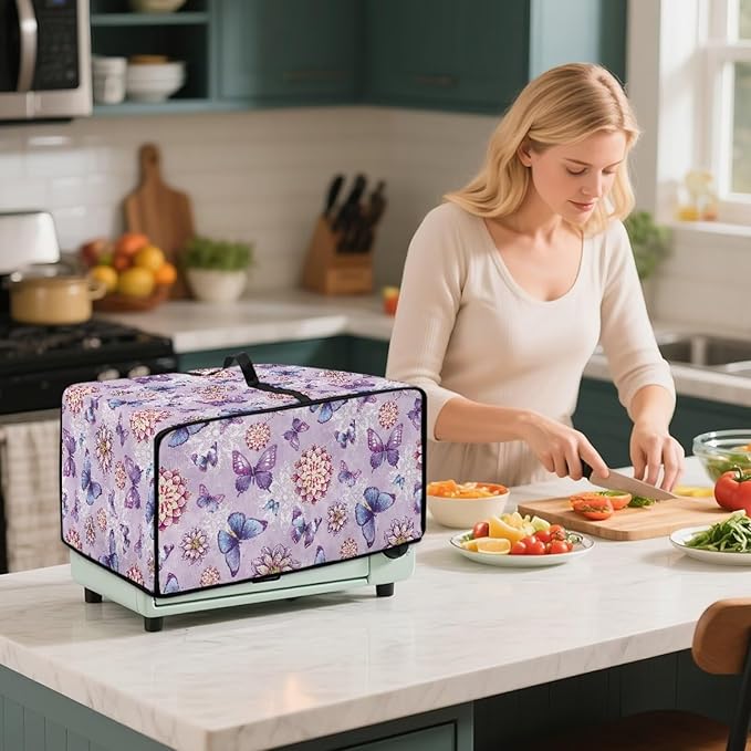 Boho Mandala Print Toaster Oven Dust Cover with Accessory Pockets Butterfly Print Bread Maker Covers Heavy Duty Smart Microwave Oven Protector Heat Resistant Purple