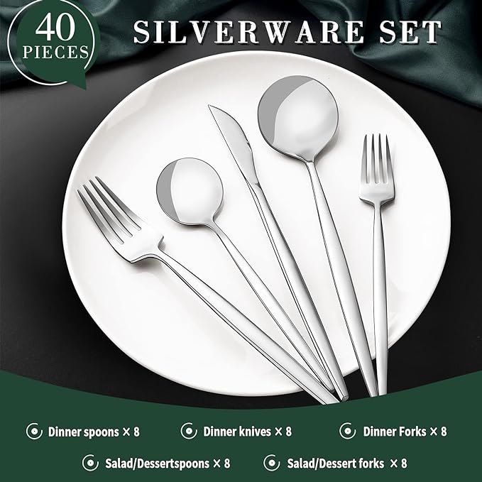 40-Piece Silverware Set for 8 CEKEE Stainless Steel Flatware Cutlery Set Included Knife Spoon and Fork Kitchen Utensils Set for Home Hotel Wedding Restaurant - Mirror Polished &amp Dishwasher Safe