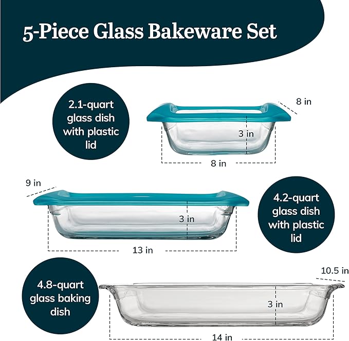 Libbey Baker’s Premium 5 Piece Glass Baking Dish Set Stackable Casserole Dish with Lid Set Baking Glassware for Casseroles Lasagna Brownies