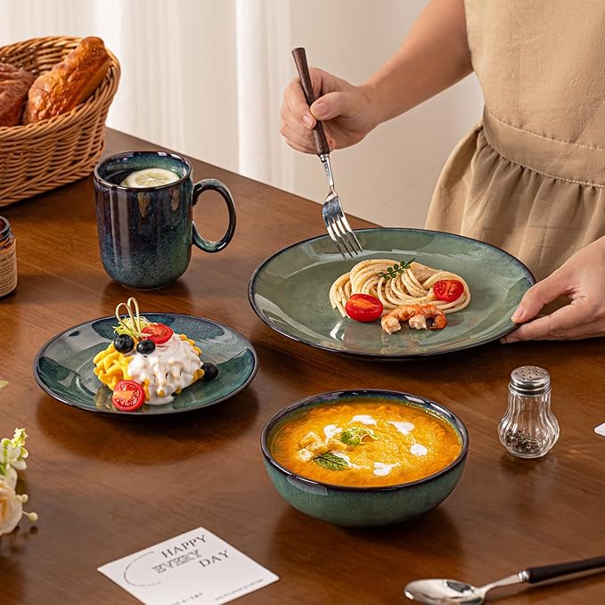 8 Piece Dinnerware Sets for 2 Scratch Resistantmicrowave oven and Dishwasher Safe Plates and Bowls Sets Ceramic Dish Set Bowl and Plate Set -Kiln turns foggy green