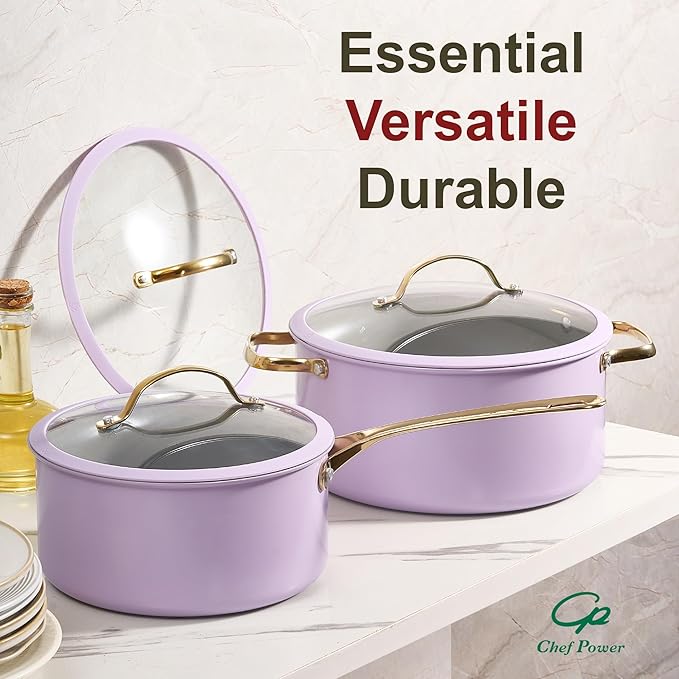 Chef Power Ceramic Cookware Sets 10Pcs Pots and Pans Set Non Stick Cookware Set with Stainless Steel Handle Dishwasher &amp Oven Safe Light Purple and Granite Grey