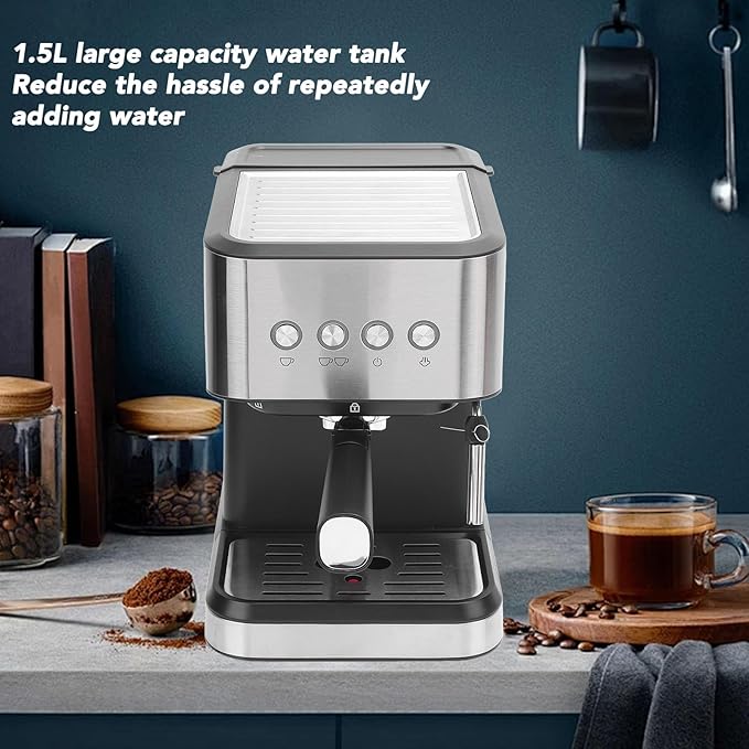 Gonetre 1050W 20 Bar Semi Automatic Coffee Machine Machine Coffer Maker with Milk Frother Steam Wand 1.5L Water Tank Quick Preheat for Cappuccino Latte (US Plug 110V)